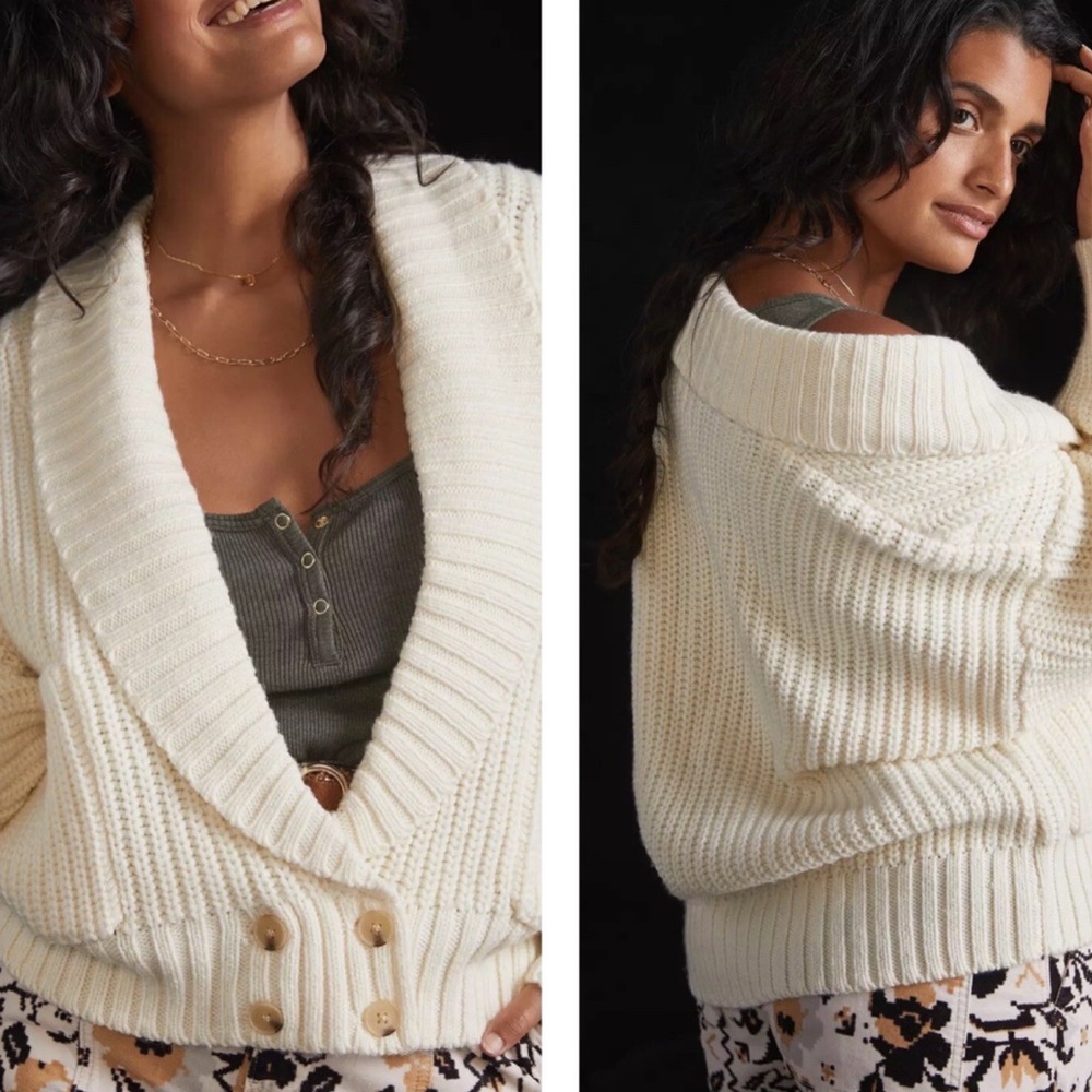 Anthropologie cream slouchy chunky Oversized Wool Blend Cardigan w/Pockets Sz M